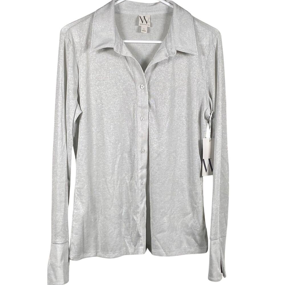 Worthington Blouse Women's Large Silver Metallic Button Up Sheer Collared Layer